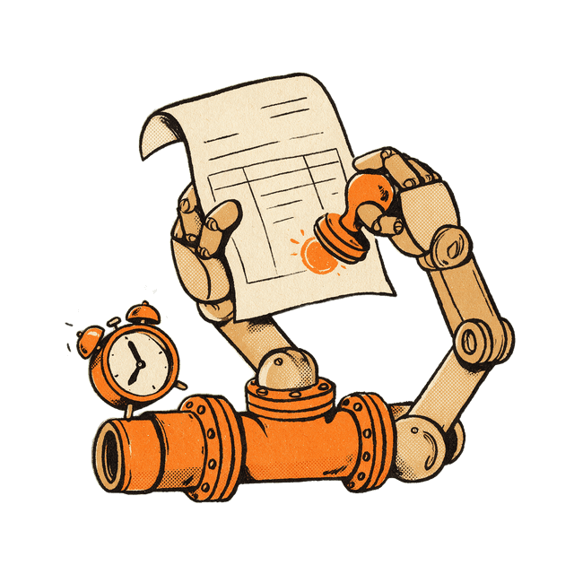 Jointed robot arms rising from an orange pipe housing to stamp an invoice sheet, a small alarm clock ringing beside them.