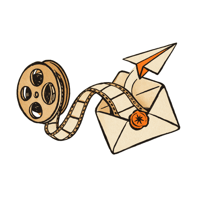 A film reel unspooling into a cream envelope sealed with an orange eight-point star wax seal, a paper plane lifting away from it.