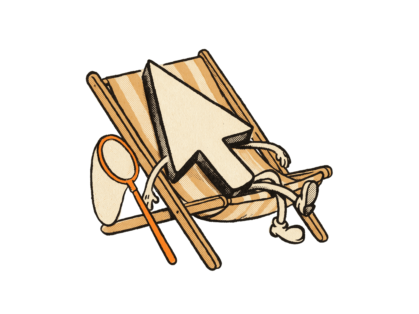 A cursor-arrow character reclined at ease in a warm-tan deck chair, ankles crossed, its butterfly net retired and leaning against the frame.