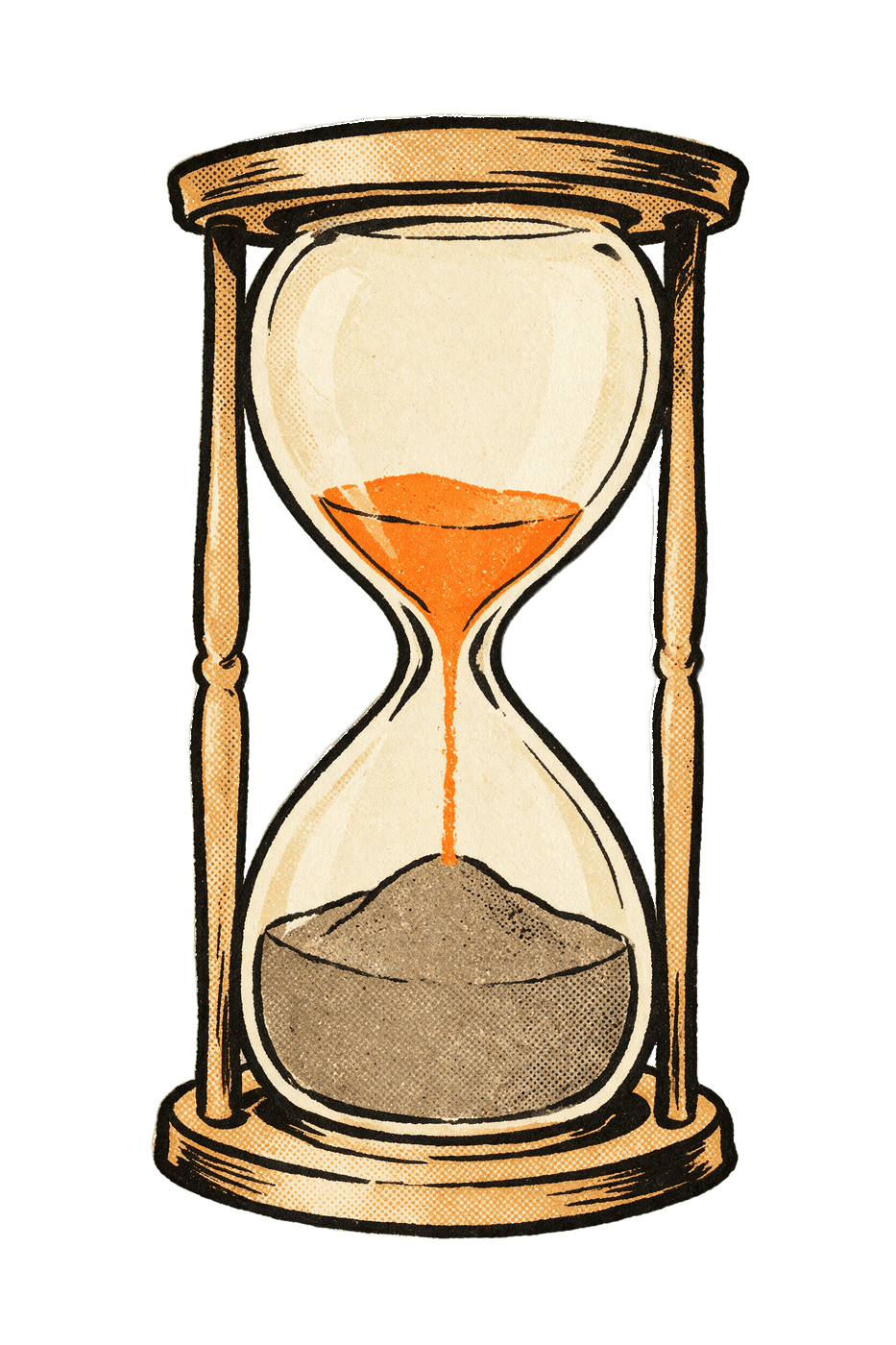 A wooden hourglass with only a thin thread of glowing orange sand still running through its waist, the lower bulb heaped high with dull grey sand.