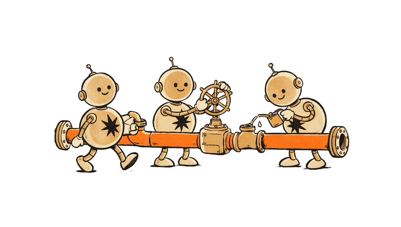 Three round robots with black eight-point stars on their chests working a capped length of orange pipeline: one carrying a parcel, one turning a brass valve wheel, one oiling a joint.